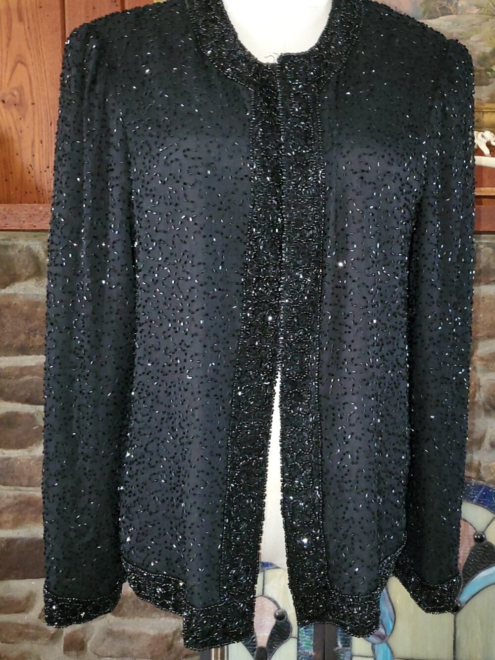 Laurence Kazar Silk Beaded Jacket Black Evening Cardigan Petite Large PL Vintage